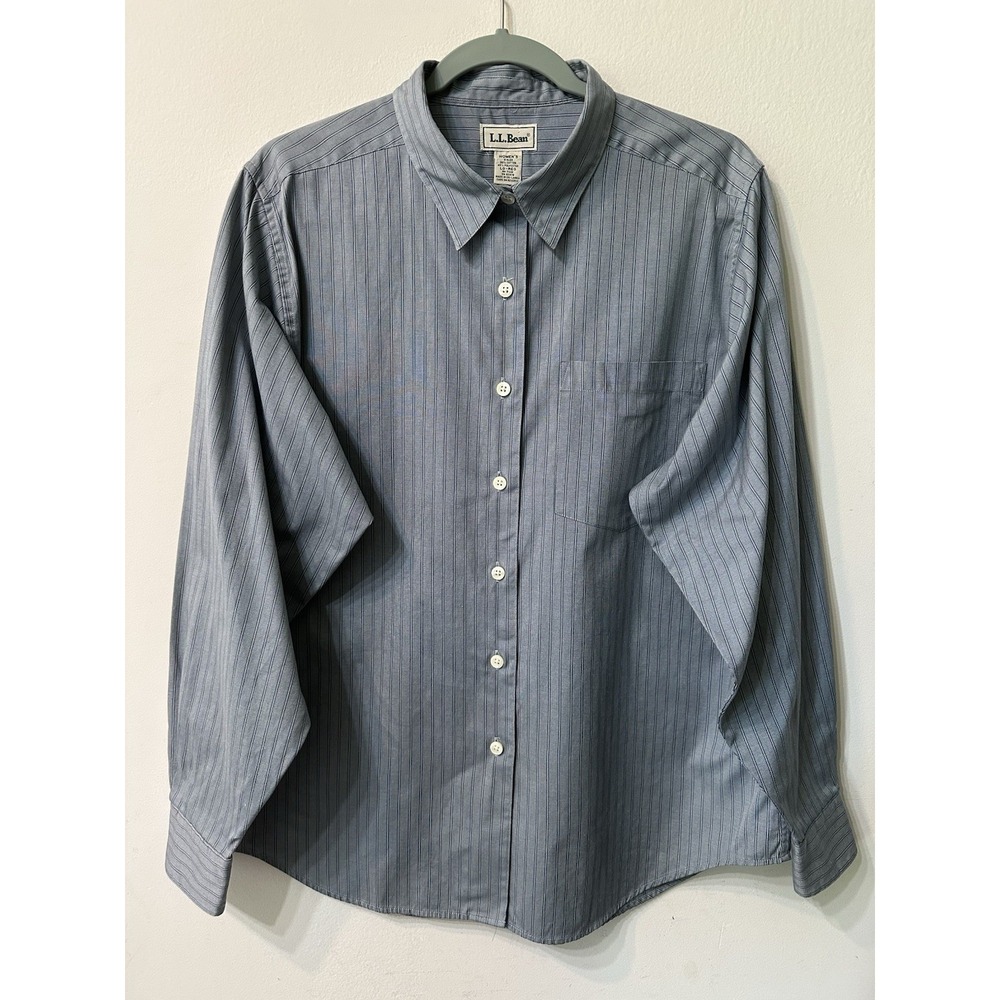 LL Bean Womens Large Blue Striped Button Down Shirt Long Sleeve Cotton Blend L